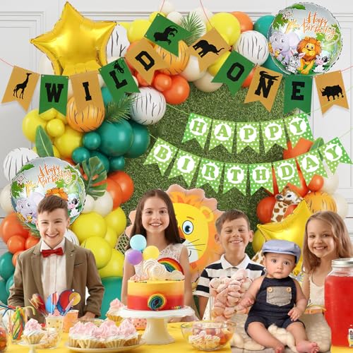 Image of Rozi Decoration Safari Theme First Birthday Party Decorations Set, 57 Pieces with Wild One Banner, Balloons, Jungle Animal Design, Green and Gold