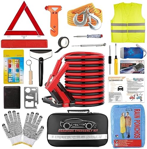 CYECTTR Car Roadside Emergency Kit,Auto Vehicle Truck Safety Emergency Road Side Assistance Kits with Jumper Cables,Safety Hammer,Reflective Warning Triangle,Tire Pressure Gauge,Tow Rope,etc