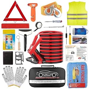 Car Roadside Emergency Kit,Auto Vehicle Truck Safety Emergency Road Side Assistance Kits with Jumper Cables,Safety Hammer,Reflective Warning Triangle,Tire Pressure Gauge,Tow Rope,etc