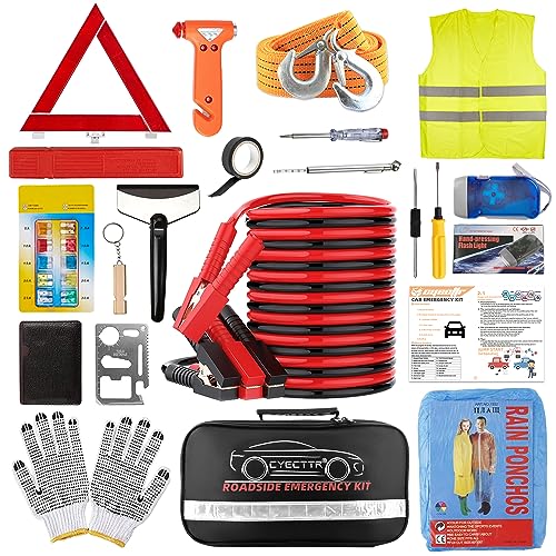 CYECTTR Car Roadside Emergency Kit,Auto Vehicle Truck Safety Emergency Road Side Assistance Kits with Jumper Cables,Safety Hammer,Reflective Warning Triangle,Tire Pressure Gauge,Tow Rope,etc by CYECTTR - Used condition - CA$31.36