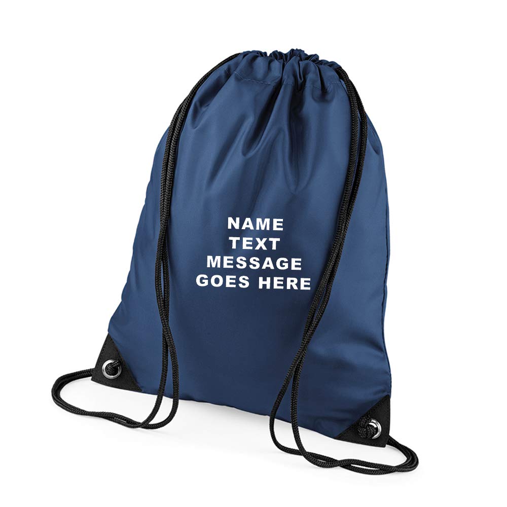 Personalised with your Own Any Name/Message/Text Premium Drawstring Bag PE Gym Kit Birthday/Secret Santa School P.E Kids Sport Rucksack. (French Navy)