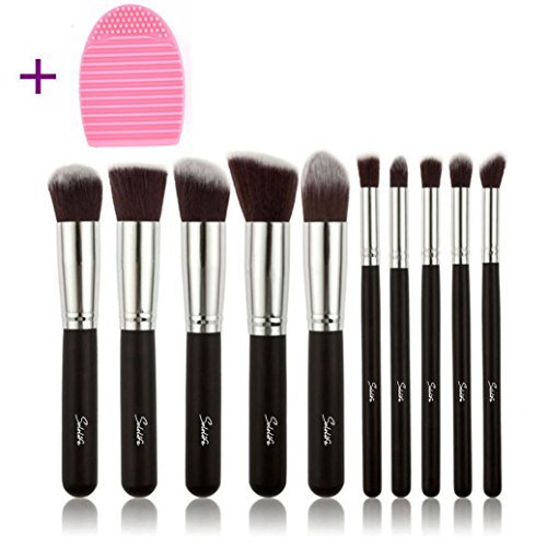 SOLOLIFE Makeup Brushes 10+1 Pieces Makeup Brush Set, 10 Pieces Professional Foundation Blending Blush Eye Face Liquid Powder Cream Cosmetics Brushes & 1 Piece Pink Brush Egg(Black/Silver)
