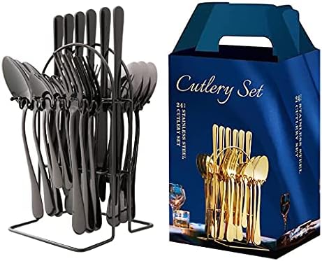 Luxury 24-Piece Gold Flatware Set with Stand – Heavy Duty Stainless Steel Cutlery for 6, Perfect for Parties & Kitchen, Stylish Black Finish