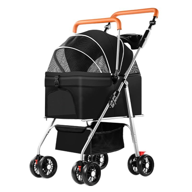 YYW Pet Stroller for Small Dogs & Cats, 3 in 1 Foldable Kittens Puppies Travel Strolling Cart with Removable Carrier, Cup Holder, Storage Basket & Lockable Wheels(Black)