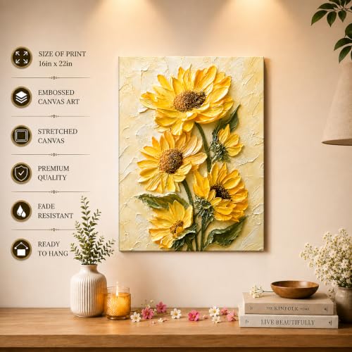 Image of PAINTINGMANTRA Textured Embossed Floral Canvas Wall Art Painting for wall decoration, Vibrant Yellow Sunflower Motifs Stretched Canvas Painting for living room, bedroom, office and Home, 16x22 Inch