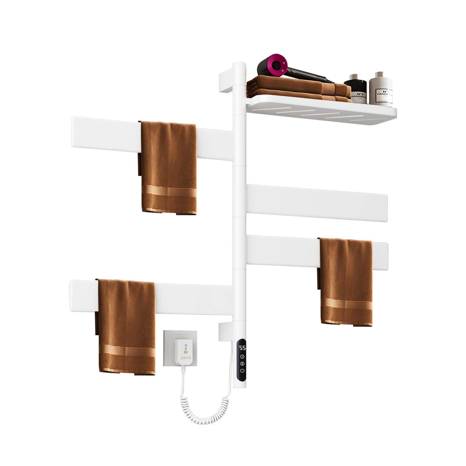 KUKKUME Swivel Heated Towel Rack Electric Towel Warmer with Tray 4 Square Bars Towel Warmer 115—155? with 1H-9H Hour Timer?LED Indicator for Home Bathroom, Salons and Spas (White)