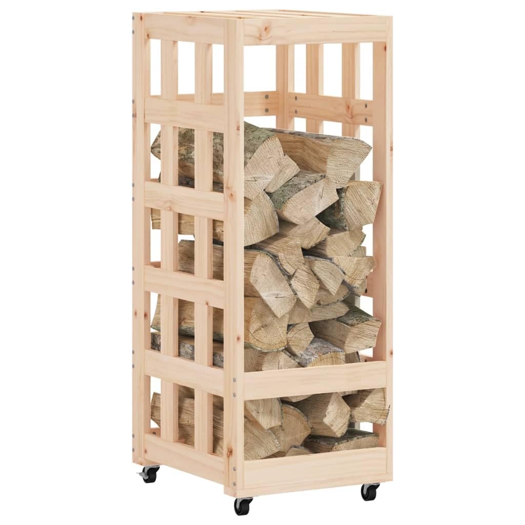 Kaminholzregal mit Rollen 40x49x110 cm aus massivem Kiefernholz für trockene Brennholzlagerung, ideal für Ofen, Kamin, Garten, Terrasse, innen und außen, mit praktischem Transportgestell