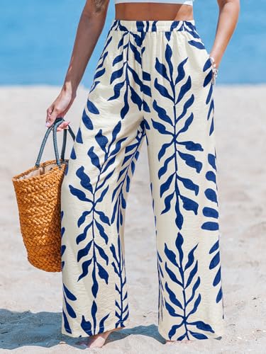 Image of CUPSHE Women's Wide Leg Beach Pants - Tropical Floral with Pockets Plus Size Casual Flowy Vacation Bottoms