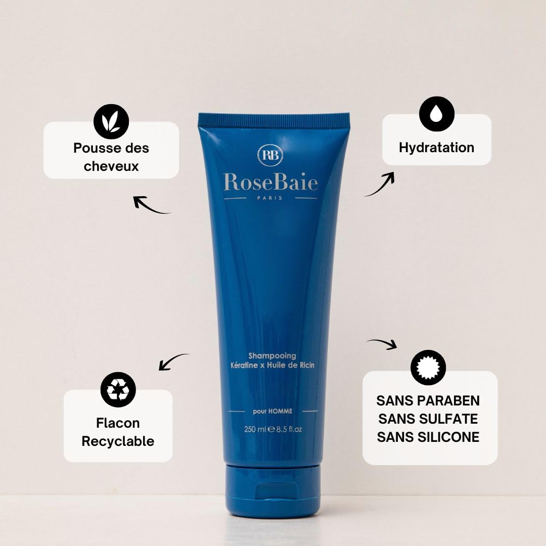 ROSEBAIE MEN | Duo Corps et Cheveux Ricin Kératine Probiotiques | Shampoing Homme Antichute Antipelliculaire 250ml | Gel Douche Fraîcheur Parfum Boisé 250ml