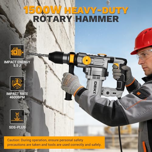 DEKOPRO 1500W SDS-Plus Bohrhammer, 5,5J Abbruchhammer mit 3 Funktionen, 0–1000 U/min, Anti-Vibrationsgriff, inkl. 3 SDS-Bohrer & 2 Meißel, max. Bohrdurchmesser Beton/Stahl/Holz: 32/13/40 mm