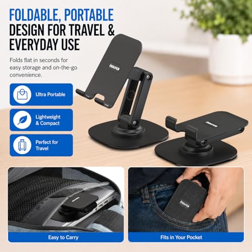 Image of Sounce 360 Rotatable Foldable Mobile Phone Holder | Adjustable Height Desk Stand with Metallic Base & Anti-Skid Pad | Compatible with All Smartphones, Tabletop, Tablets, iPad, Kindle (Black)