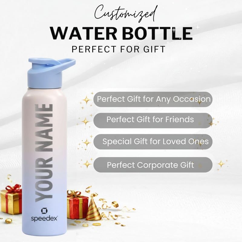 Image of Speedex Engraved Name Stainless Steel Sipper Water Bottle 1 Ltr - Customised Personalised Bottle for Kids & Adults, School, Gym, Sports, Pink Blue, Set of 1