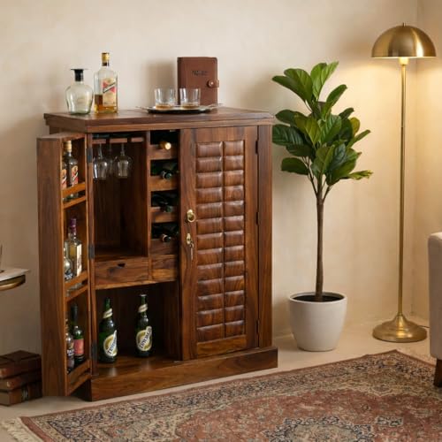 Image of Solid Sheesham Wood Bar Unit Cabinet with Storage Bottle Shelves & Built-in Glass Holder Wooden Drink Wine Rack Organizer for Living Room, Home & Lounge Dining Cupboard Liquor Furniture