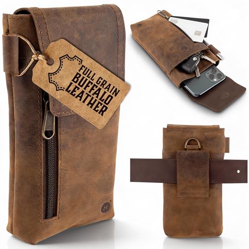 Moonster Leather Phone Holster – Genuine Full-Grain Leather for iPhone 17/16/15/14 Pro Max & Plus, Galaxy S25/S24 Ultra – Slim Belt Clip Phone Pouch with Magnetic Closure, Fits Thick Cases – 7” x 3.5”