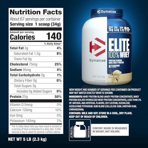 Image of Dymatize Elite 100% Whey Protein Powder, Vanilla, 25g of Protein, 5.5g BCAAs, Less Than 140 Cal., Gluten Free, 2g Carb, 2g Sugar, 3g Fat (67 Servings)
