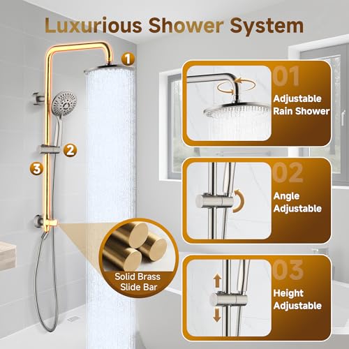 BRIGHT SHOWERS Rain Shower Heads System Including Rainfall Shower Head and Handheld Shower Head with Height Adjustable Holder, Solid Brass Rail, 60 Inch Long Stainless Steel Hose, Brushed Nickel
