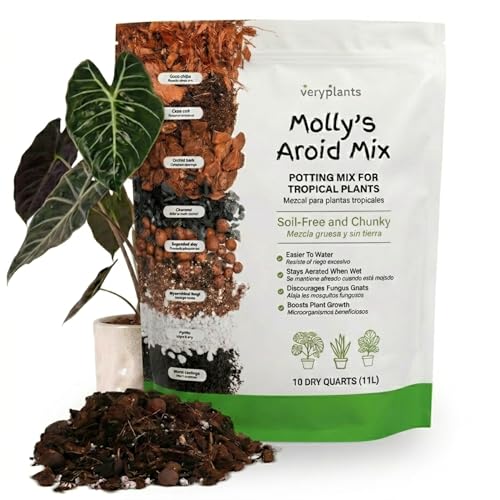 Mollys Aroid Mix - Premium Soilless Potting Mix for Houseplants - Fast Draining Chunky & Easier to Water vs. Soil for Indoor Plants - with Bark Coco Chips Worm Castings Mycorrhizae 10 Dry Quarts