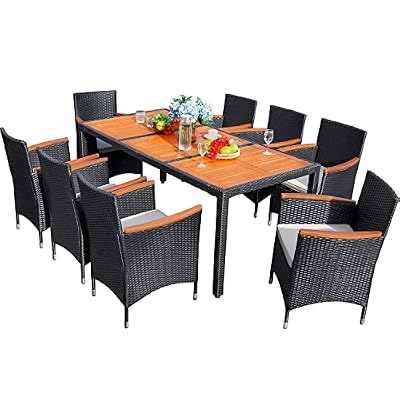 Flamaker 9 Piece Patio Dining Set Outdoor Acacia Wood Table and Chairs with Soft Cushions Wicker Patio Furniture for Deck, Backyard, Garden