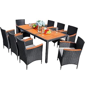 Flamaker 9 Piece Patio Dining Set Outdoor Acacia Wood Table and Chairs with Soft Cushions Wicker Patio Furniture for Deck, Backyard, Garden