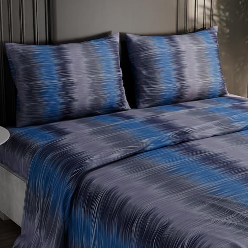 Image of BLISSHOME Everlast 150TC King Size Printed Bedsheet with 2 Pillow Covers for Double Bed, Aesthetic Bedding, Wrinkle Resistant, 100+ Wash Durable, Quick Dry, Geometric Pattern - Blue (228cm x 274cm)