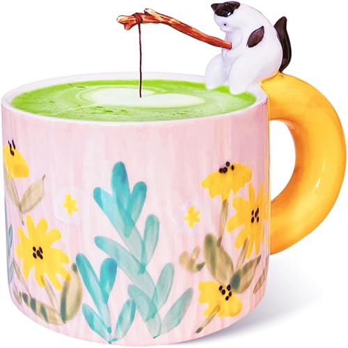 Bonita taza de pesca de gato blanco y negro de 15 onzas, taza de café de cerámica Kawaii con caña de pescar y pescado, taza de gato pintada a mano