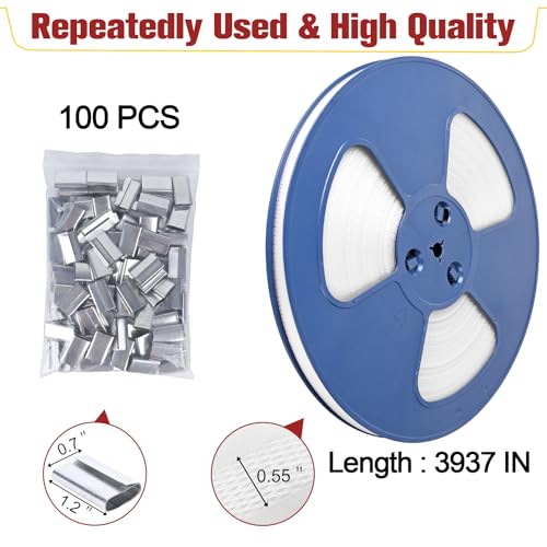 Image of MYFAMIREA Heavy Duty Banding Strapping Kit with Tensioner Tool, 0.55'' x 3937'' Polypropylene Packaging Strapping Roll, 100 Metal Seals, Sealer Tool for Pallets, Logistics, Warehouse (Red)