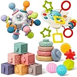 Baby Toys 6 to 12 Months, 5 In 1 Montessori Toys for 1 Year Old, Incl Travel Pull String Toy & Rattle Teether & Stacking Baby Block & Soft Infant Ring & Sensory Ball for Toddler 0-3-6-9-12 Month