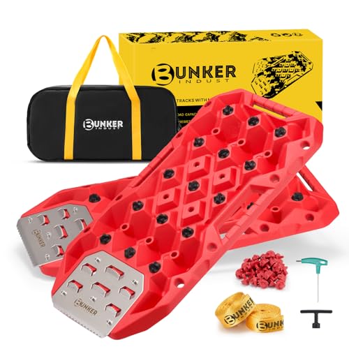 BUNKER INDUST Offroad Traction Boards with Jack Base, Pair Portable Recovery Track Tire Traction Mat - Red Sand,Mud,Snow Tracks(Replaceable Dual Colors Teeth/Rugged Steel Plate), Gen 12th