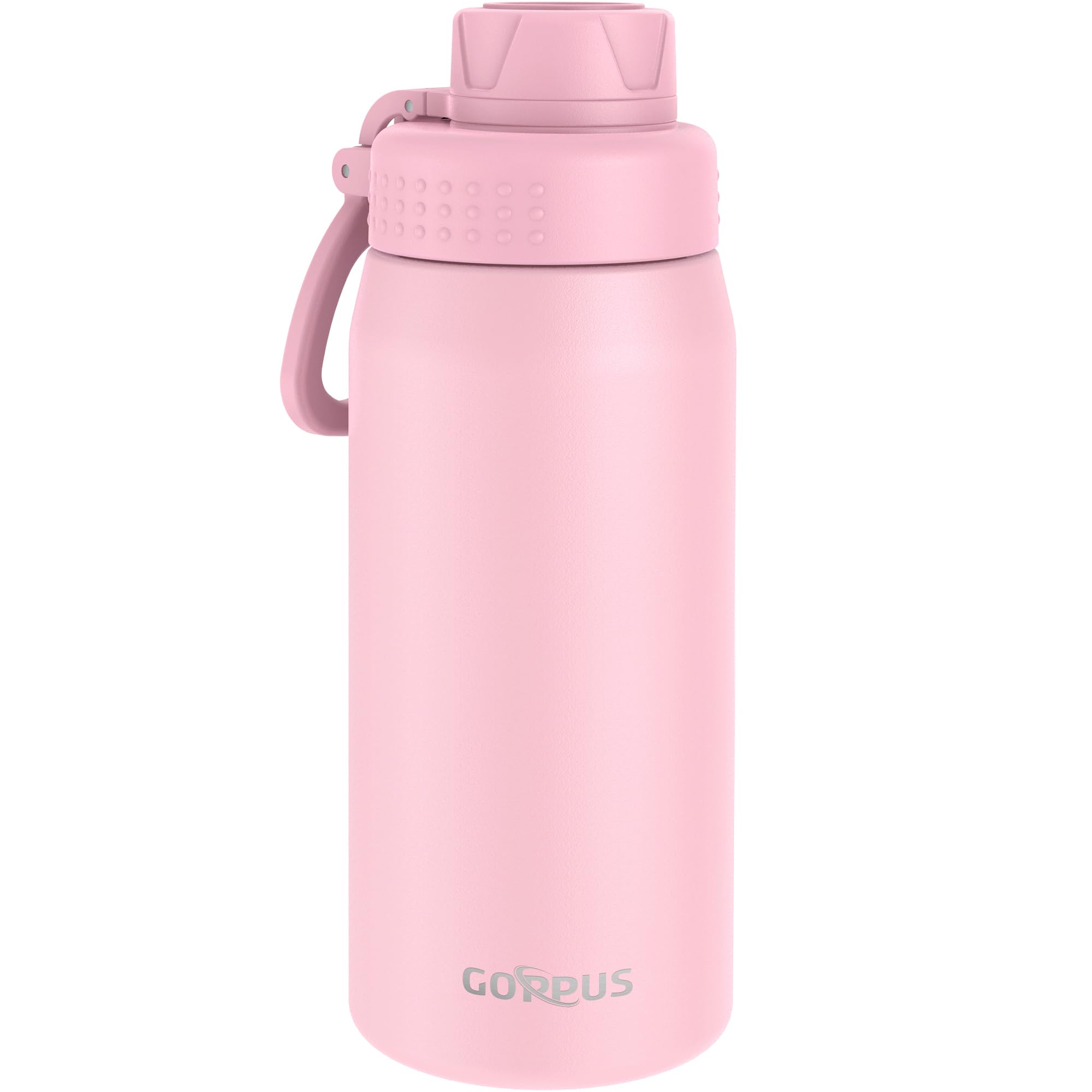 GOPPUS 550ml/19oz Kids Insulated Water Bottle with Screw Lid (No Straw) Stainless Steel Toddler Bottle School Flask Girls Boys Drinks Cup with Handle & Leakproof & Keep Drinks Cold (Pink)