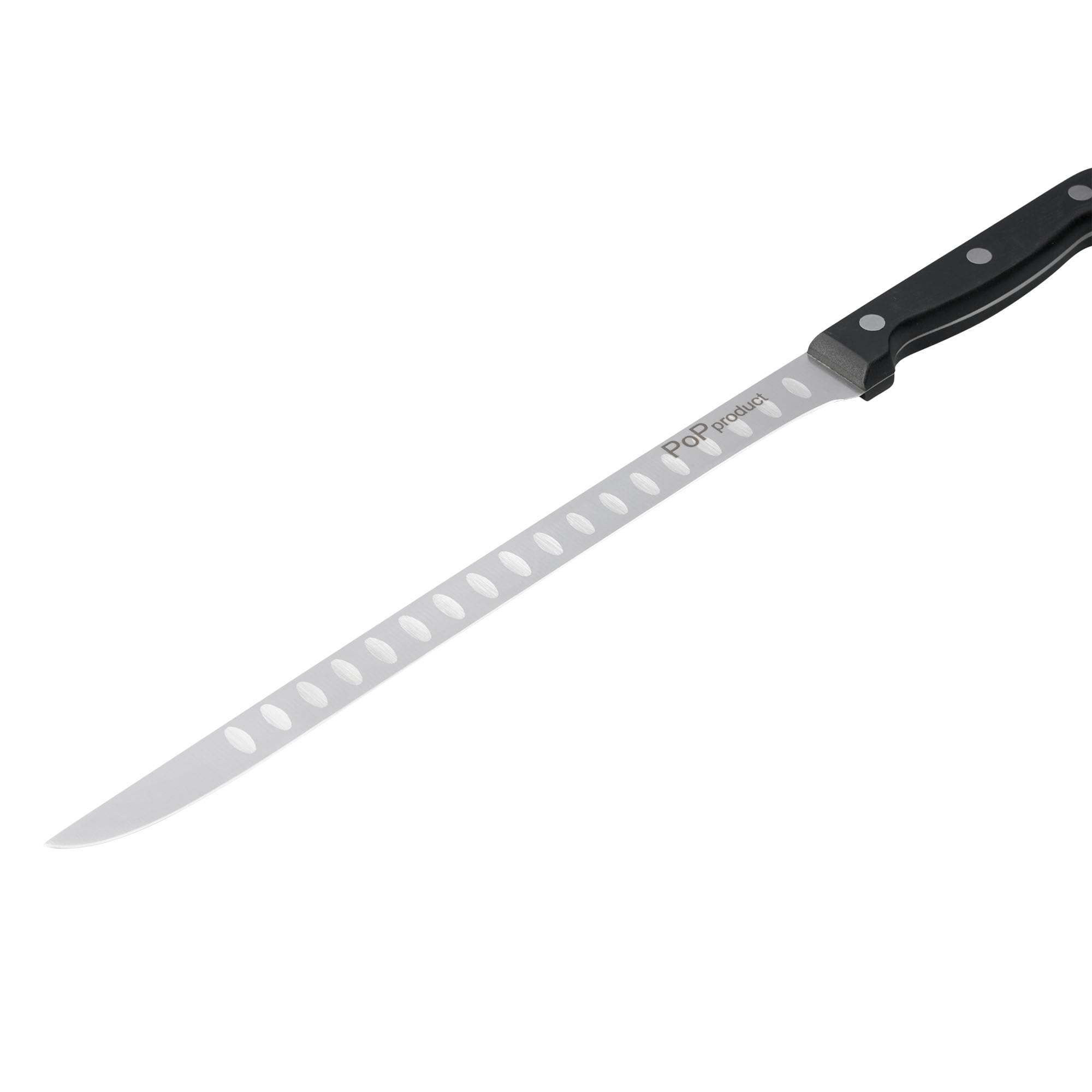 Cuchillo Jamonero Forja de Acero Alemán, alveolado en las dos caras. Hoja de 255 mm de acero inoxidable. Mango ergonómico de Polioximetileno-POM de 120 mm.