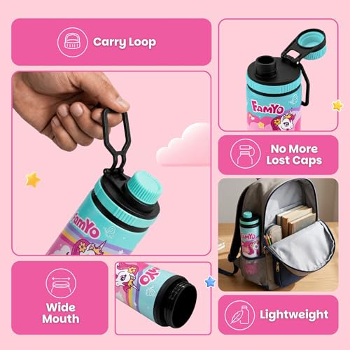 Image of Famyo Stainless Steel Unisex Kids Water Bottle 900ml, Unicorn Design | Girls & Boys, Leakproof Sipper with Carry Loop, BPA Free, Personalizable Name Space, School, Outdoor & Travel