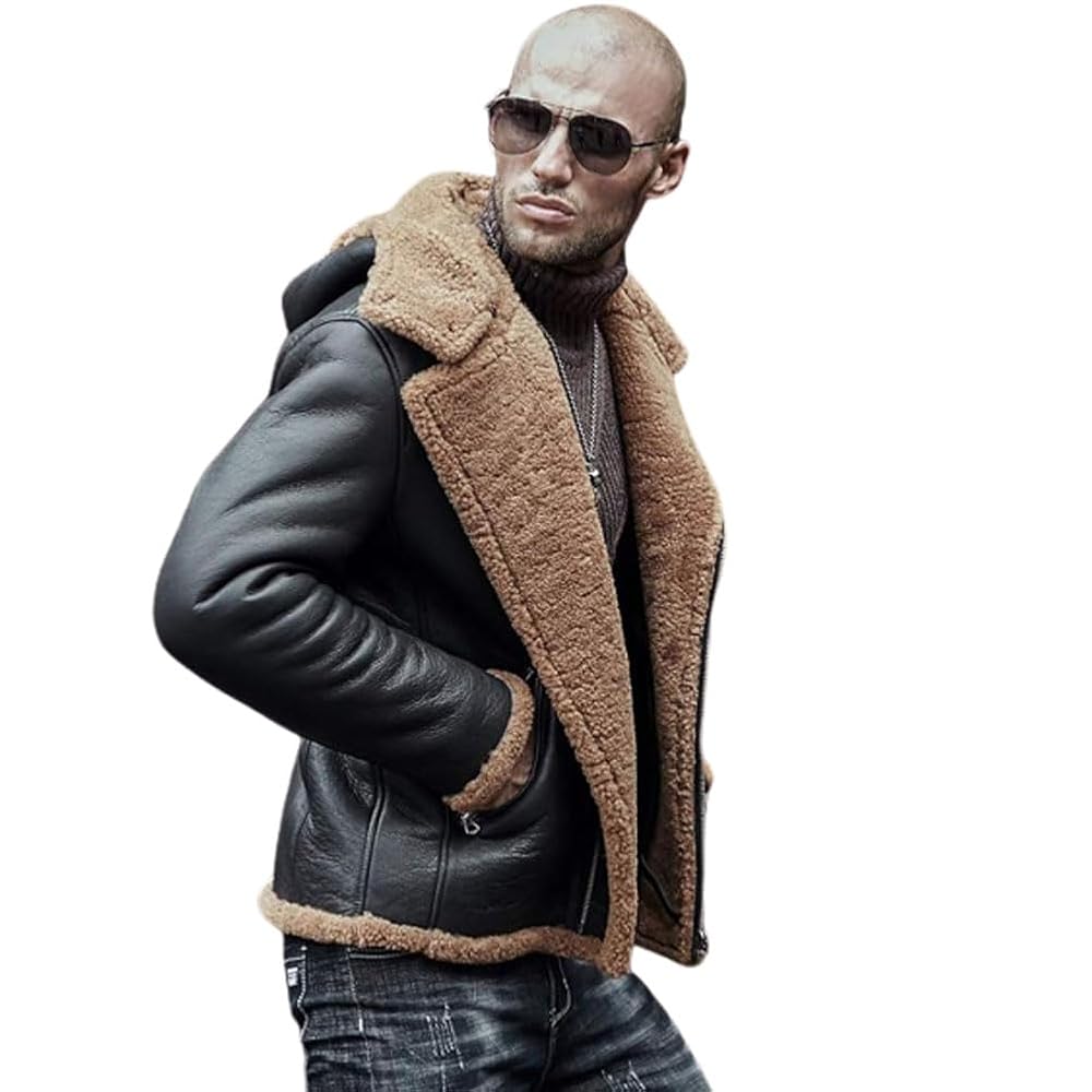 Denny&Dora Men's Sheepskin Shearling Jacket Hooded B3 Flight