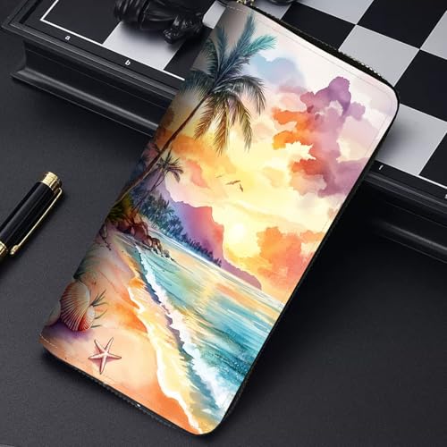 Image of RFID Blocking Leather Wallet for Women - Large Capacity Zip Around Clutch with 8 Card Slots,31 Cash Pockets & Coin Zipper,Sunset Beach