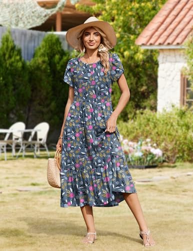 Image of Zeagoo Women Summer Midi A Line Dress Short Sleeve Casual Flowy Tiered Beach Long Sundress with Pockets 2026 Vacation Travel