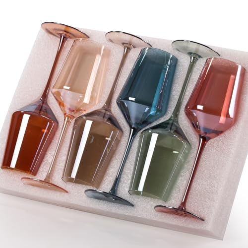 Colored Wine Glasses Set of 6 15oz Hand Blown Colored Crystal Red Wine Glasses with Stem for Party Bar