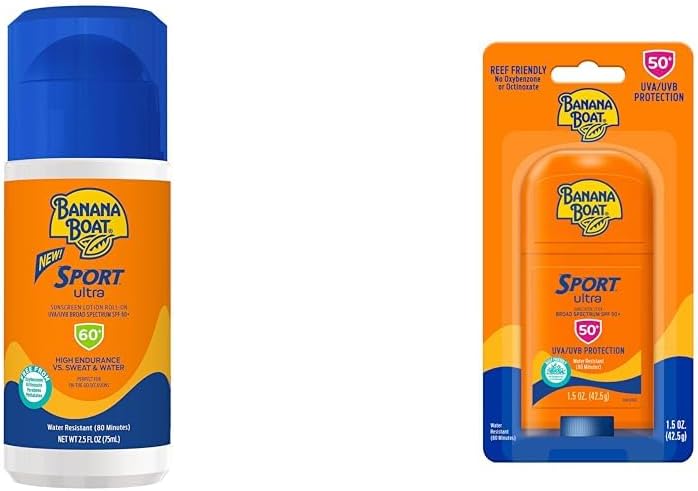 Banana Boat Sport Ultra SPF 50-60 Sunscreen Bundle, Roll On 2.5oz + Stick 1.5oz
