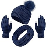 Diseño elegante: el cálido sombrero de punto con pompón de piel en la parte superior se siente cómodo, añadiendo sentido de la moda y ternura al sombrero; la bufanda circular tiene un patrón de punto único, que tiene el sentido de la jerarquía, y es capaz de colaborar con todo tipo de ropa; los guantes tienen un diseño de pantalla táctil y se pueden llevar para operar un teléfono o tableta, muy cómodo de usar
