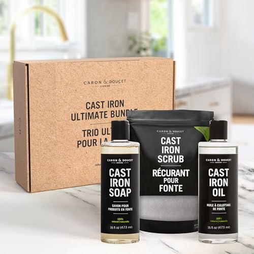 Image of CARON & DOUCET - Ultimate Cast Iron Set PLUS: Seasoning Oil, Cleaning Soap & Restoring Scrub | 100% Plant-Based & Best for Cleaning Care, Washing, Restoring & Seasoning Skillets, Pans & Grills!