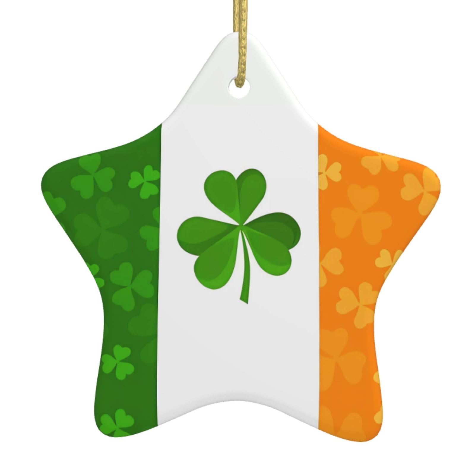Irish Flag Christmas Ceramic Star Pendant with Punched Holes and Gold Wire Rope, Christmas Tree Home Decoration