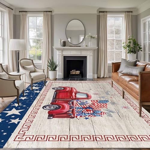 Teamery Round Area Rug 4ft, Vintage Farm Truck with Patriotic