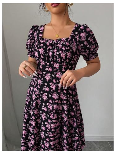 Image of Floerns Women's Floral Short Puff Sleeve Milkmaid Dress Boho A Line Long Dresses