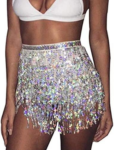 Zoestar Sequin Belly Dance Skirt Tassel Hip Scarf Multilayer Dance Belt Costume Performance Party Skirt Wrap for Women and Girls (Silver)