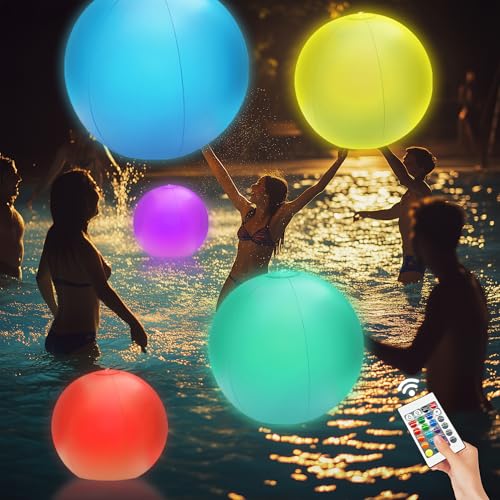 4-Pack 16” LED Light-Up Beach Balls, Glow-in-The-Dark Floating Pool Toys with 16 Colors, 4 Modes & Remote, Inflatable Fun for Kids Adults,Pool Parties Beach Games Backyard Events & Nighttime Decor