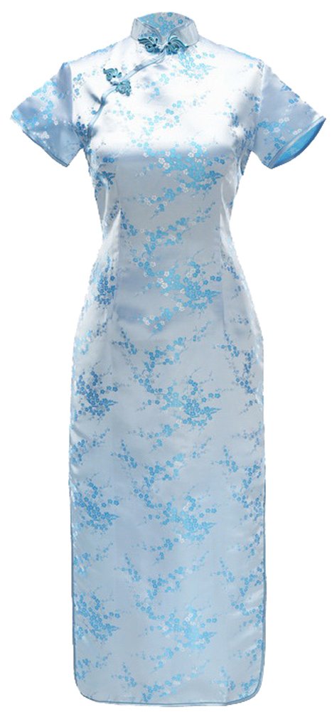 Sexy Women's Light Blue Floral Long Chinese Dress Cheongsam