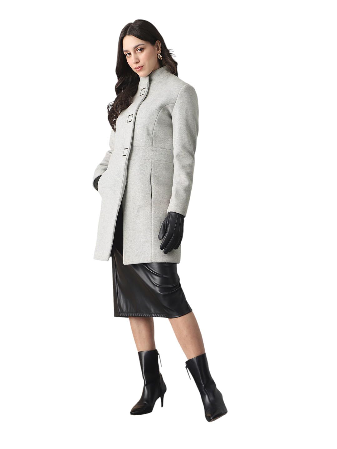 globus Women Self Design Mock Collar Long Sleeve Knee Length Tailored Fit Winterwear Overcoat-picture-40
