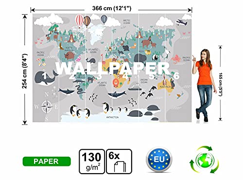 Weltkarte mit Tieren Wandbild Kinder Tapete Cartoon Kontinent Ozean Geographie B 366cm x H 254cm Wanddeko Bild Riesen Papier Poster Kinder Schlafzimmer