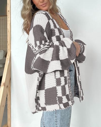 Image of BTFBM Casual Cardigan Sweater for Women Fall 2026 Long Sleeve Open Front Chunky Knit Sweaters Checkered Outwear Coat