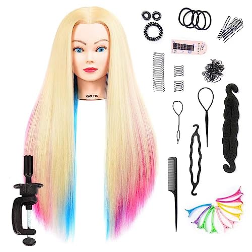Image of Mannequin Head with Colorful Hair - 28 inch Long Straight Synthetic Hair Training Head with Clamp for Styling, Braiding, and Dye Practice (613)