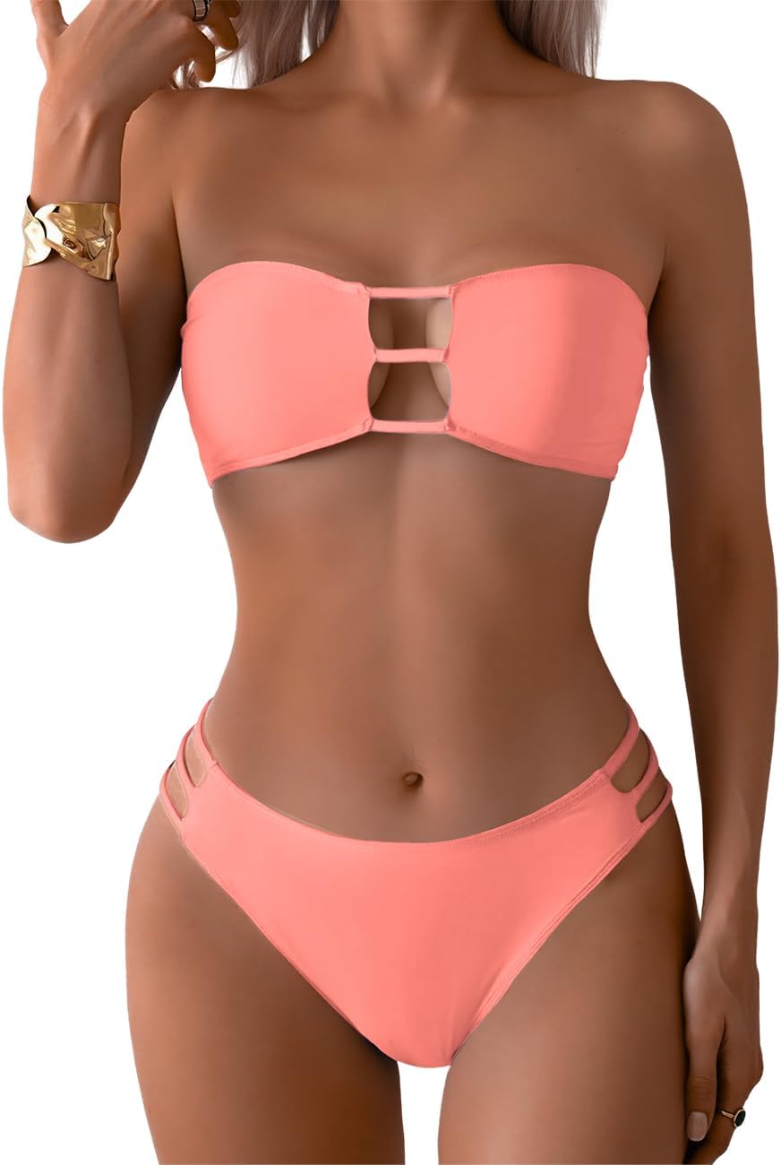 Tainehs Women's Two Piece Strapless Bikini Sets Bandeau Cutout Swimsuit High Cut Bathing Suits Coral Pink Medium