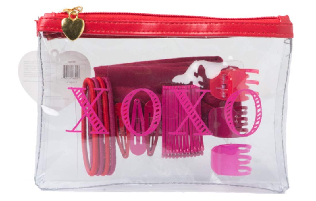 Cute XOXO Cosmetic Bag Pencil Case Hair Emergency Kit- Girls Travel Zipper Pouch for Pens, and School Supplies- Makeup Bag with Hair Ties, Clips, Bobby Pins, XOXO Clear Case with Red Zipper, Small